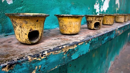 Fototapeta premium Yellow offering bowls, weathered wall, Asian temple, ritual