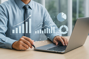 Businessman analyzing financial data on laptop with holographic charts and graphs. Modern technology for business analytics, data visualization, and financial growth management. Digital dashboard and 