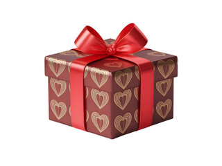 Red gift box with gold heart pattern and shiny red satin ribbon isolated on a transparent background