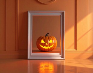 Minimal blank frame with halloween pumpkin reflection