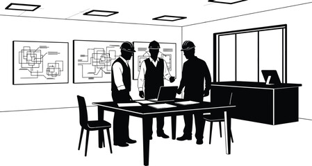 Three engineers review plans at a table with laptop in office editable stock
