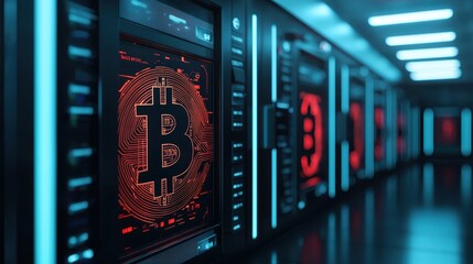 Bitcoin Mining Facility with Server Racks and Digital Display