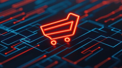 Neon Shopping Cart Icon on Digital Circuit Background