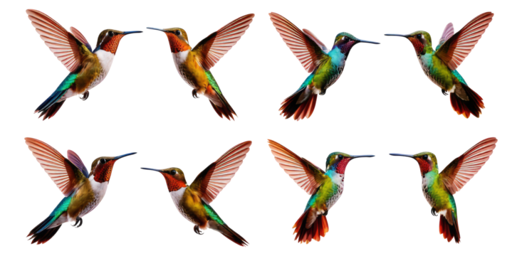 Colorful Hummingbirds Displaying Aggressive Behavior in Nature, Isolated on Transparent, white background