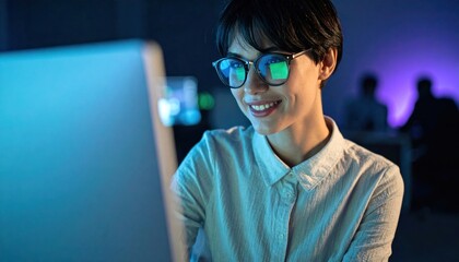 Young woman working late at the office with computer showing screen reflection in glasses focused