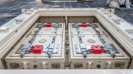 A large white container with red handles on the top