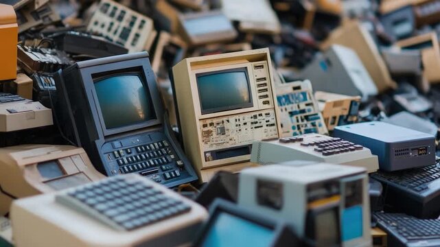 A pile of discarded old computers and electronic devices