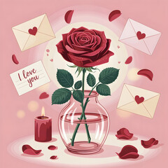 Romantic illustration featuring a vibrant red rose centerpiece, burning candle, and floating love letters on a pink background