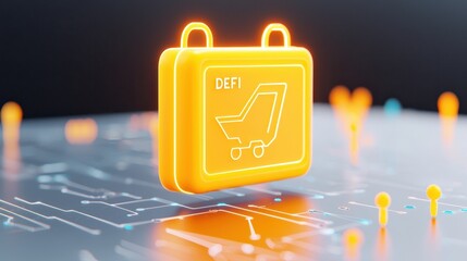 Neon Shopping Cart Icon Representing Decentralized Finance
