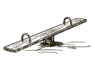 Seesaw for children play. Swing Board balancer. Wooden children's swing for playing in the yard. Sketch illustration drawing isolated on white background