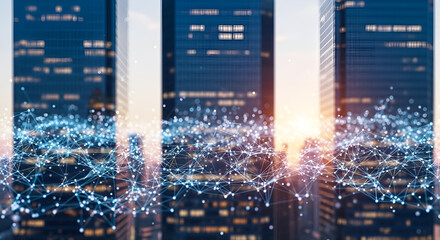 Futuristic cityscape with digital network overlay at sunset