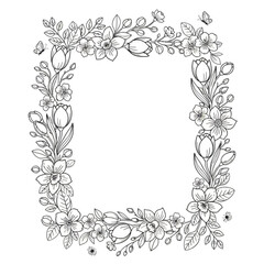 Detailed Spring Frame Vector with Hand-Drawn Floral Border of Tulips, Daffodils, and Butterflies Outline