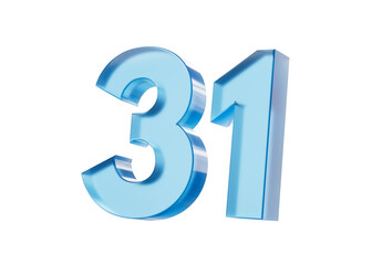 3d Glossy Blue number 31 Thirty one with a smooth finish and reflective highlights. 3d illustration