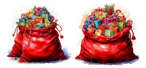 Colorful Christmas Gift Bags Overflowing with Presents and Decorations, Isolated on Transparent, white background