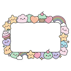 Fototapeta premium Cute Kawaii Pastel Characters Border: Hearts, Stars, Rainbows, and Cupcakes Rectangle Frame, a Kawaii Pastel Frame