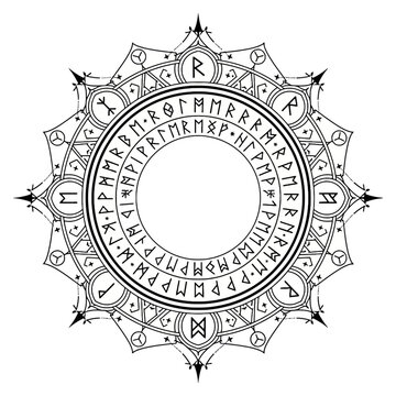 Elder Futhark Runes Circle: Intricate Black and White Magic Symbol Mandala Design, a Rune Symbol Vector Frame