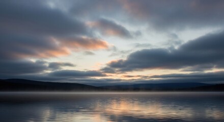 Naklejka premium Misty Lake at Dawn with Colorful Sky Reflections and Majestic Mountain Landscape