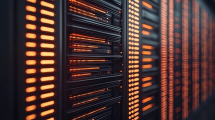Modern Data Center with Bright Orange LED Indicators