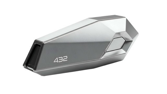 Sleek silver device, geometric design, number "432" visible