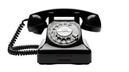 Glossy black rotary phone with cord and handset on dark background
