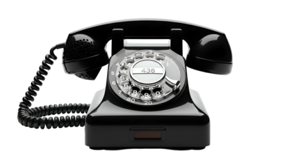 Glossy black rotary phone with cord and handset on dark background