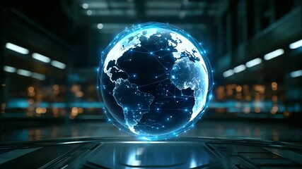 A vast holographic globe floats in the center of a digital command hall glowing with luminous business networks. Streams of data connect continents forming vibrant constellations - Powered by Adobe