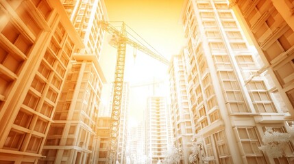 Construction site in the city during sunset with cranes and tall buildings under warm light