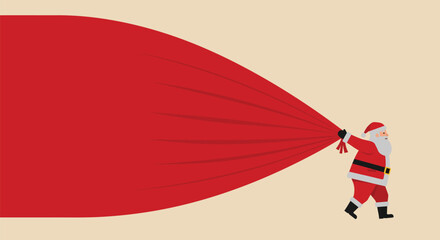 Santa Claus energetically pulls a giant red sack filled with Christmas gifts