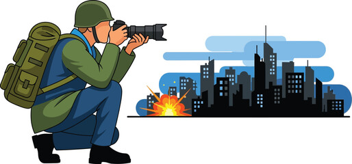 Soldier photographing explosion in city with buildings in background editable stock