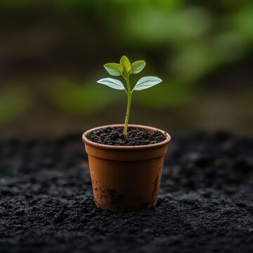 Green Plant Growing in Pot with Dark Soil in Nature Background