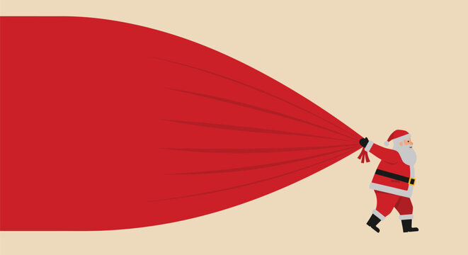 Santa Claus energetically pulls a giant red sack filled with Christmas gifts