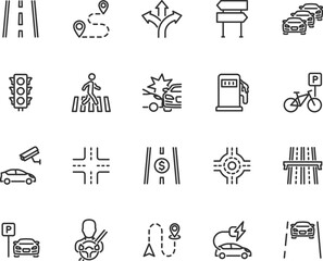 Vector set of road line icons. Contains icons crosswalk, traffic light, accident, intersection, roundabout, driver, highway, parking, traffic jam and more. Pixel perfect.