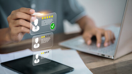 Customer Review Rating Cards on Tablet with Approval Check