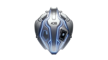 Sleek futuristic silver shield with glowing blue lines and panel