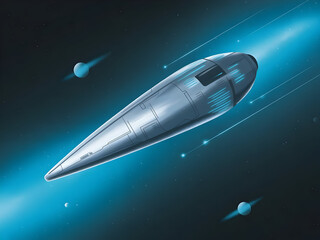 Sleek interstellar spaceship traveling at warp speed across a dark cosmos illuminated by bright blue energy trails