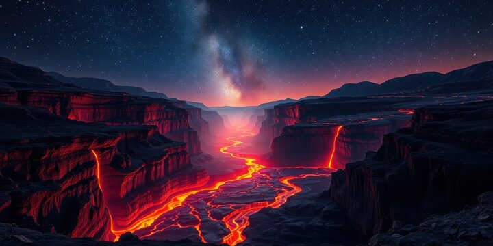 Spectacular celestial view over canyon filled with river of vibrant, flowing lava. - Powered by Adobe