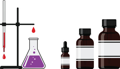 Illustration of titration setup and brown bottles with labels editable stock
