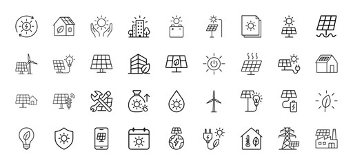 Renewable energy line icon set. Vector pictograms of solar panels, wind turbines, eco homes, sun, lightbulbs, batteries, leaves, and electric plugs, thin linear illustration.