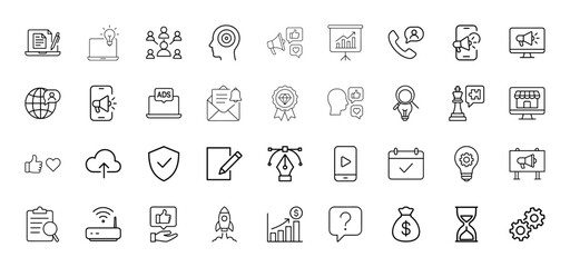 Business and marketing line icon set. Vector pictograms of laptop, megaphone, chart, email, rocket, money, hourglass, gears, and shield, thin linear illustration.