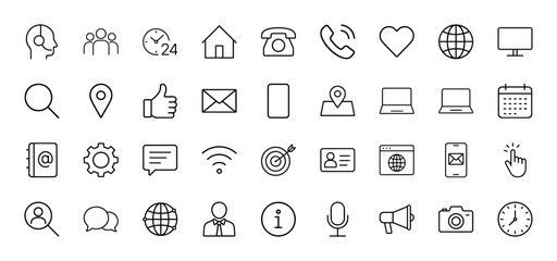 Communication and contact line icon set. Vector pictograms of headset, phone, chat, globe, monitor, laptop, calendar, mail, and user, thin linear illustration.