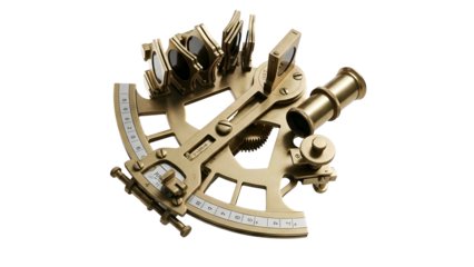 Brass sextant navigational tool with mirrored optics, aged finish