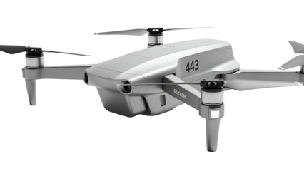 Silver drone angled view, compact design, black background