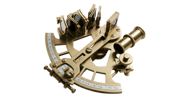 Brass sextant navigational tool with mirrored optics, aged finish