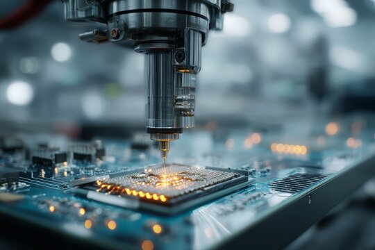 An advanced manufacturing process in action, a robotic arm soldering components onto a circuit board with precision and accuracy in a high-tech factory setting.