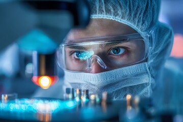 A focused scientist wearing protective gear examines a microchip, showcasing precision and advanced technology for innovative solutions in the high-tech industry.