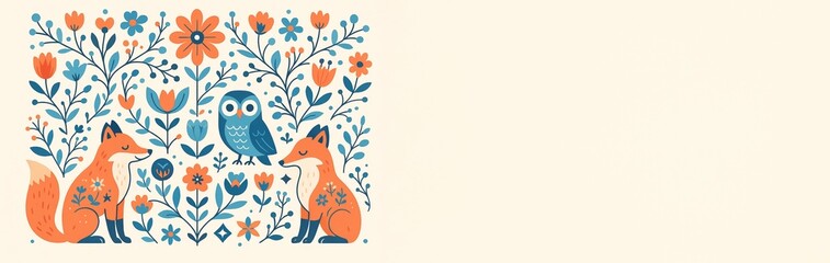 Whimsical foxes and owl among floral patterns on left with light beige empty space on right for creative design or text template background. Ai generative
