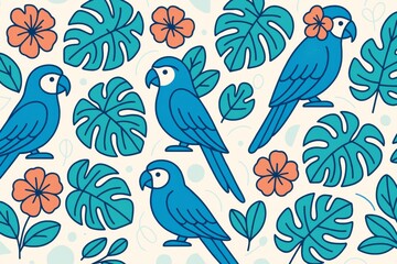 Seamless tropical background with blue parrots, orange hibiscus flowers, and green monstera leaves on light backdrop in abstract cartoon style. Ai generative