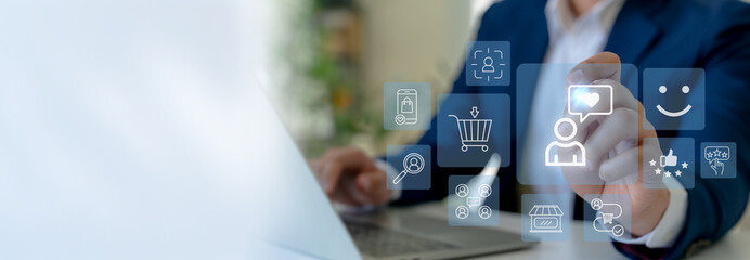 Customer experience and digital marketing concept. Interacting with a digital interface showing...