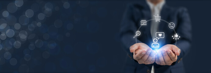 Customer experience and digital marketing concept. Holding digital customer experience icons,...