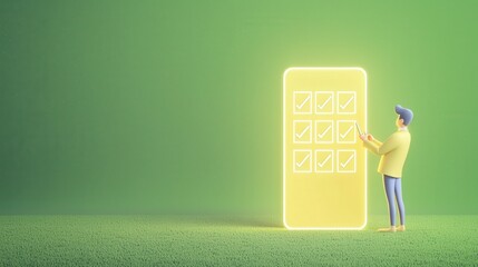 Person Interacting with Neon Checklist on Green Background